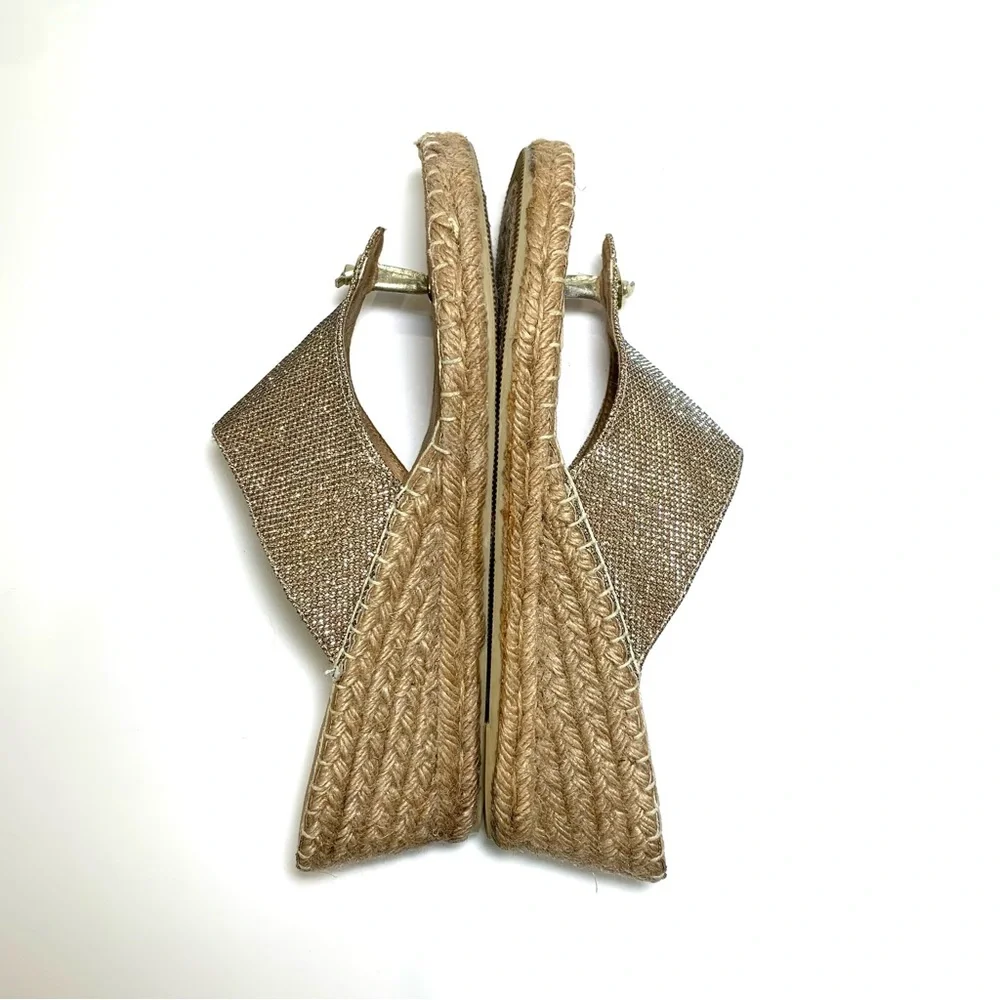 Gold Sparkly Espadrille Wedge Thong Sandal Shimmer Metallic Flip Flop Boho Sz 9